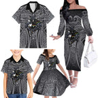 Penrith Panthers Rugby Family Matching Off The Shoulder Long Sleeve Dress and Hawaiian Shirt Polynesian Tribal Panther Warrior Black Grey Pattern