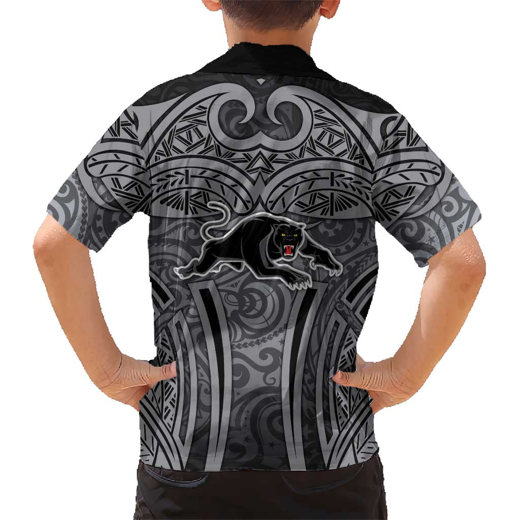 Penrith Panthers Rugby Family Matching Off The Shoulder Long Sleeve Dress and Hawaiian Shirt Polynesian Tribal Panther Warrior Black Grey Pattern