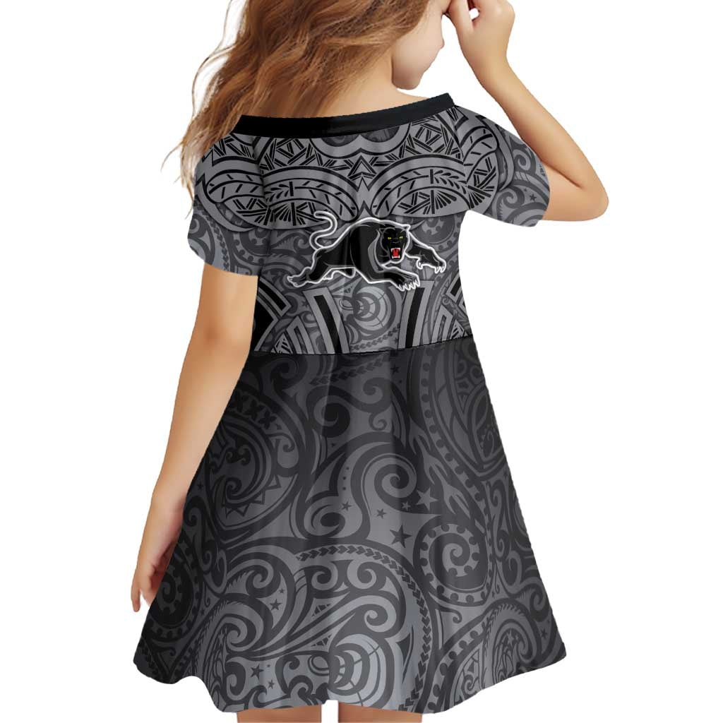Penrith Panthers Rugby Family Matching Off The Shoulder Long Sleeve Dress and Hawaiian Shirt Polynesian Tribal Panther Warrior Black Grey Pattern