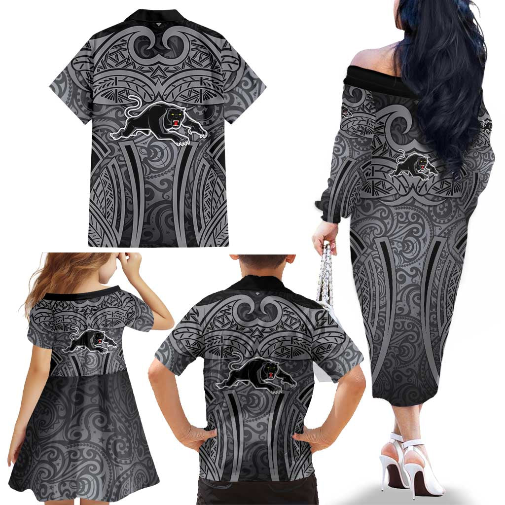Penrith Panthers Rugby Family Matching Off The Shoulder Long Sleeve Dress and Hawaiian Shirt Polynesian Tribal Panther Warrior Black Grey Pattern