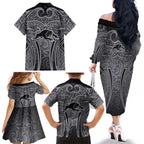 Penrith Panthers Rugby Family Matching Off The Shoulder Long Sleeve Dress and Hawaiian Shirt Polynesian Tribal Panther Warrior Black Grey Pattern