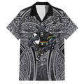 Penrith Panthers Rugby Family Matching Off The Shoulder Long Sleeve Dress and Hawaiian Shirt Polynesian Tribal Panther Warrior Black Grey Pattern