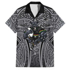 Penrith Panthers Rugby Family Matching Off The Shoulder Long Sleeve Dress and Hawaiian Shirt Polynesian Tribal Panther Warrior Black Grey Pattern