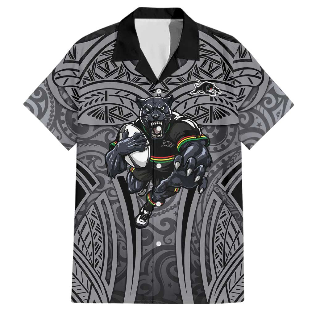 Penrith Panthers Rugby Family Matching Off The Shoulder Long Sleeve Dress and Hawaiian Shirt Polynesian Tribal Panther Warrior Black Grey Pattern