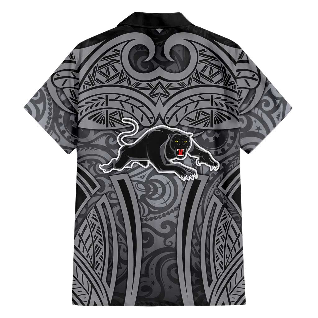 Penrith Panthers Rugby Family Matching Off The Shoulder Long Sleeve Dress and Hawaiian Shirt Polynesian Tribal Panther Warrior Black Grey Pattern