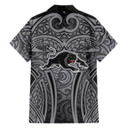Penrith Panthers Rugby Family Matching Off The Shoulder Long Sleeve Dress and Hawaiian Shirt Polynesian Tribal Panther Warrior Black Grey Pattern