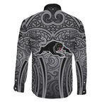 Penrith Panthers Rugby Family Matching Off The Shoulder Long Sleeve Dress and Hawaiian Shirt Polynesian Tribal Panther Warrior Black Grey Pattern