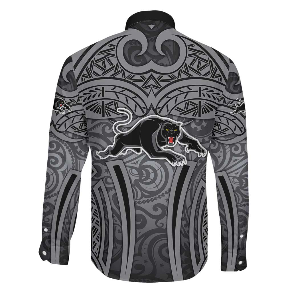 Penrith Panthers Rugby Family Matching Off The Shoulder Long Sleeve Dress and Hawaiian Shirt Polynesian Tribal Panther Warrior Black Grey Pattern