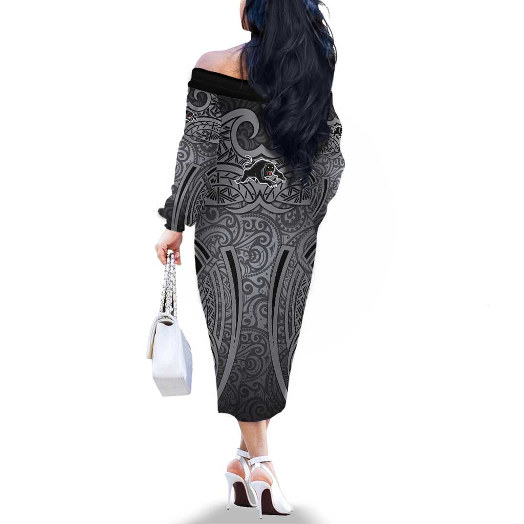 Penrith Panthers Rugby Family Matching Off The Shoulder Long Sleeve Dress and Hawaiian Shirt Polynesian Tribal Panther Warrior Black Grey Pattern