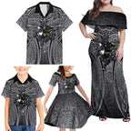 Penrith Panthers Rugby Family Matching Off Shoulder Maxi Dress and Hawaiian Shirt Polynesian Tribal Panther Warrior Black Grey Pattern