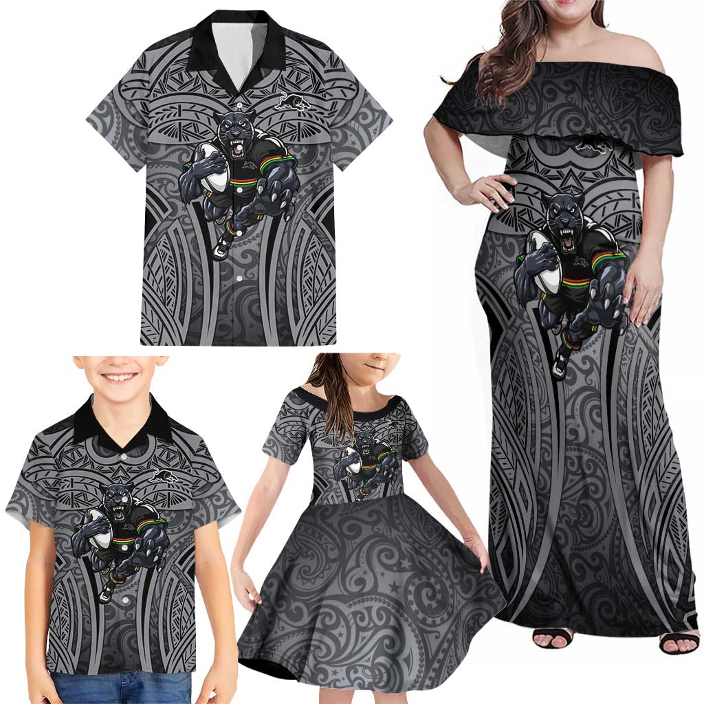 Penrith Panthers Rugby Family Matching Off Shoulder Maxi Dress and Hawaiian Shirt Polynesian Tribal Panther Warrior Black Grey Pattern