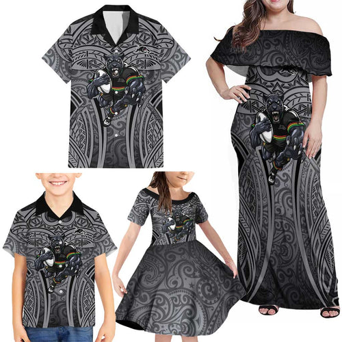 Penrith Panthers Rugby Family Matching Off Shoulder Maxi Dress and Hawaiian Shirt Polynesian Tribal Panther Warrior Black Grey Pattern