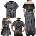 Penrith Panthers Rugby Family Matching Off Shoulder Maxi Dress and Hawaiian Shirt Polynesian Tribal Panther Warrior Black Grey Pattern
