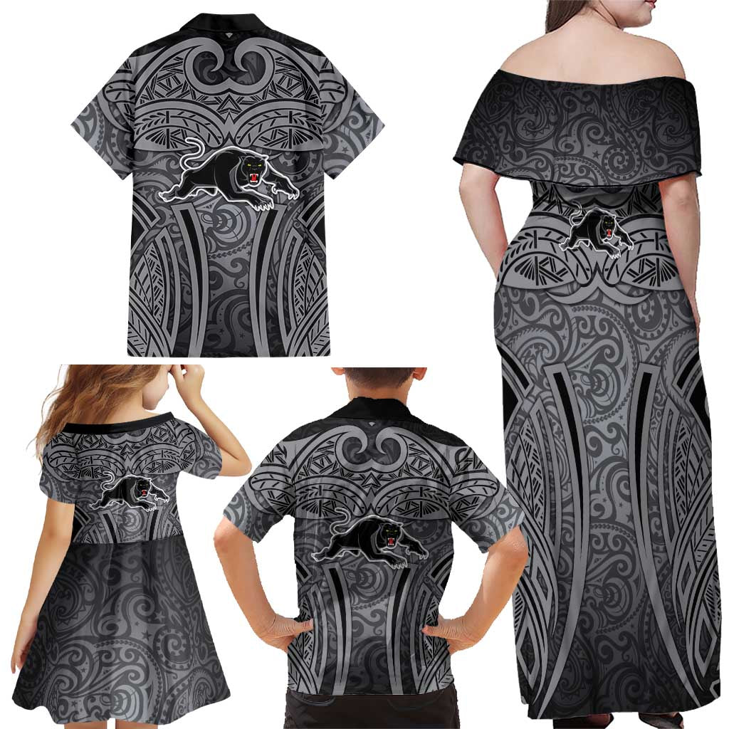 Penrith Panthers Rugby Family Matching Off Shoulder Maxi Dress and Hawaiian Shirt Polynesian Tribal Panther Warrior Black Grey Pattern