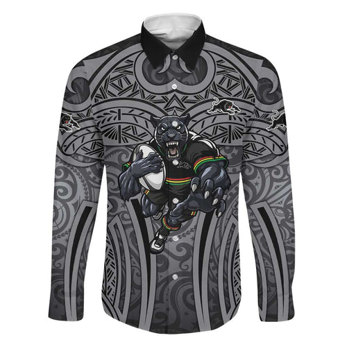 Penrith Panthers Rugby Family Matching Off Shoulder Maxi Dress and Hawaiian Shirt Polynesian Tribal Panther Warrior Black Grey Pattern