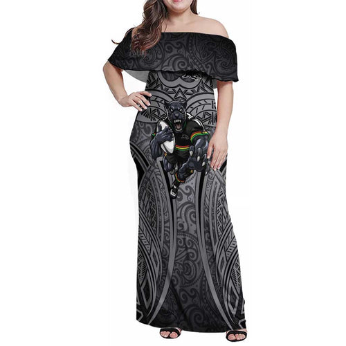 Penrith Panthers Rugby Family Matching Off Shoulder Maxi Dress and Hawaiian Shirt Polynesian Tribal Panther Warrior Black Grey Pattern