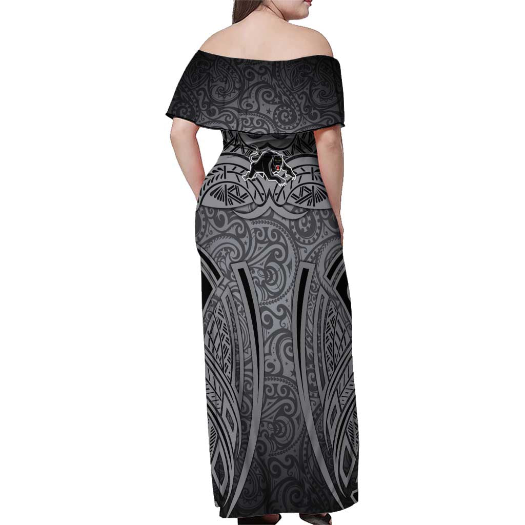 Penrith Panthers Rugby Family Matching Off Shoulder Maxi Dress and Hawaiian Shirt Polynesian Tribal Panther Warrior Black Grey Pattern