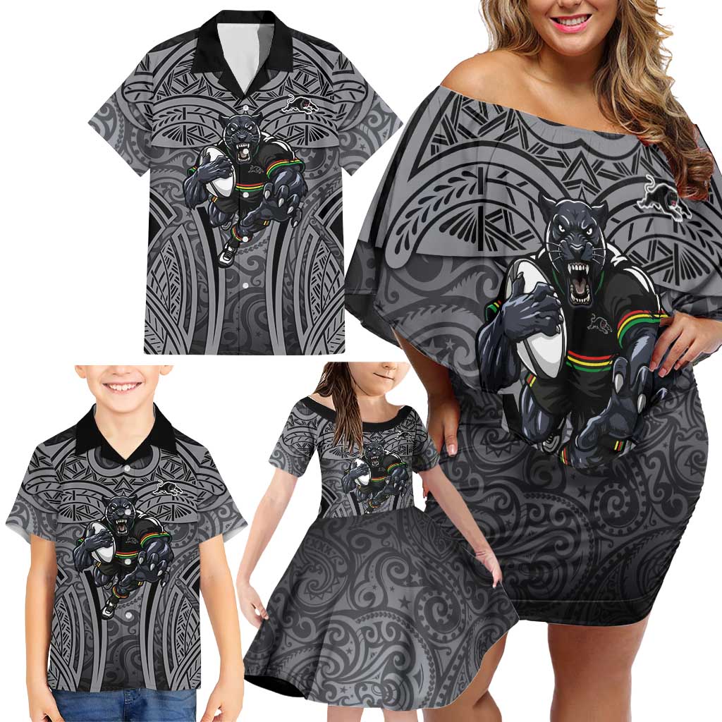 Penrith Panthers Rugby Family Matching Off Shoulder Short Dress and Hawaiian Shirt Polynesian Tribal Panther Warrior Black Grey Pattern