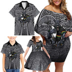 Penrith Panthers Rugby Family Matching Off Shoulder Short Dress and Hawaiian Shirt Polynesian Tribal Panther Warrior Black Grey Pattern