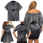 Penrith Panthers Rugby Family Matching Off Shoulder Short Dress and Hawaiian Shirt Polynesian Tribal Panther Warrior Black Grey Pattern