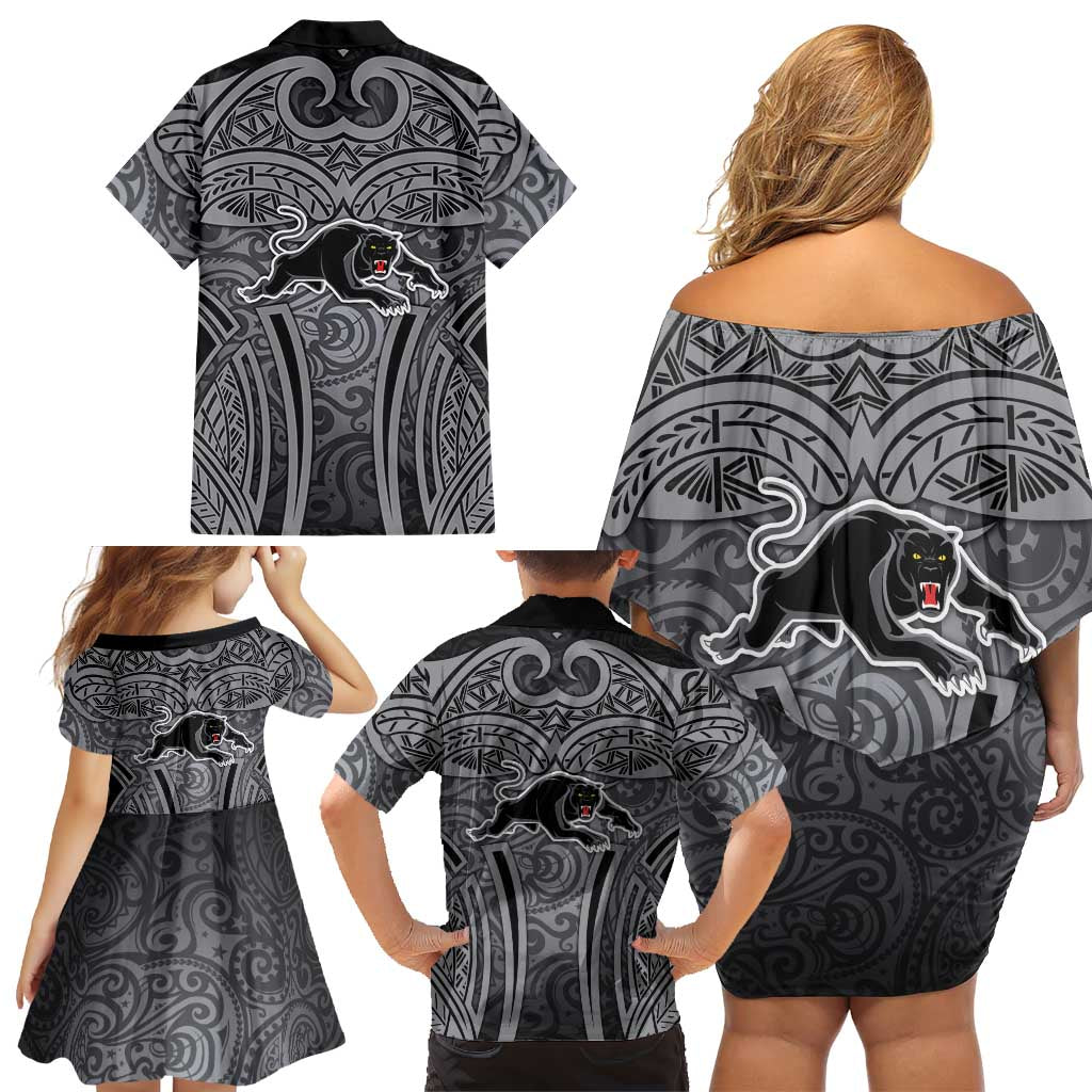 Penrith Panthers Rugby Family Matching Off Shoulder Short Dress and Hawaiian Shirt Polynesian Tribal Panther Warrior Black Grey Pattern
