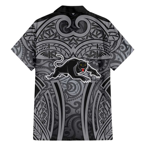 Penrith Panthers Rugby Family Matching Off Shoulder Short Dress and Hawaiian Shirt Polynesian Tribal Panther Warrior Black Grey Pattern