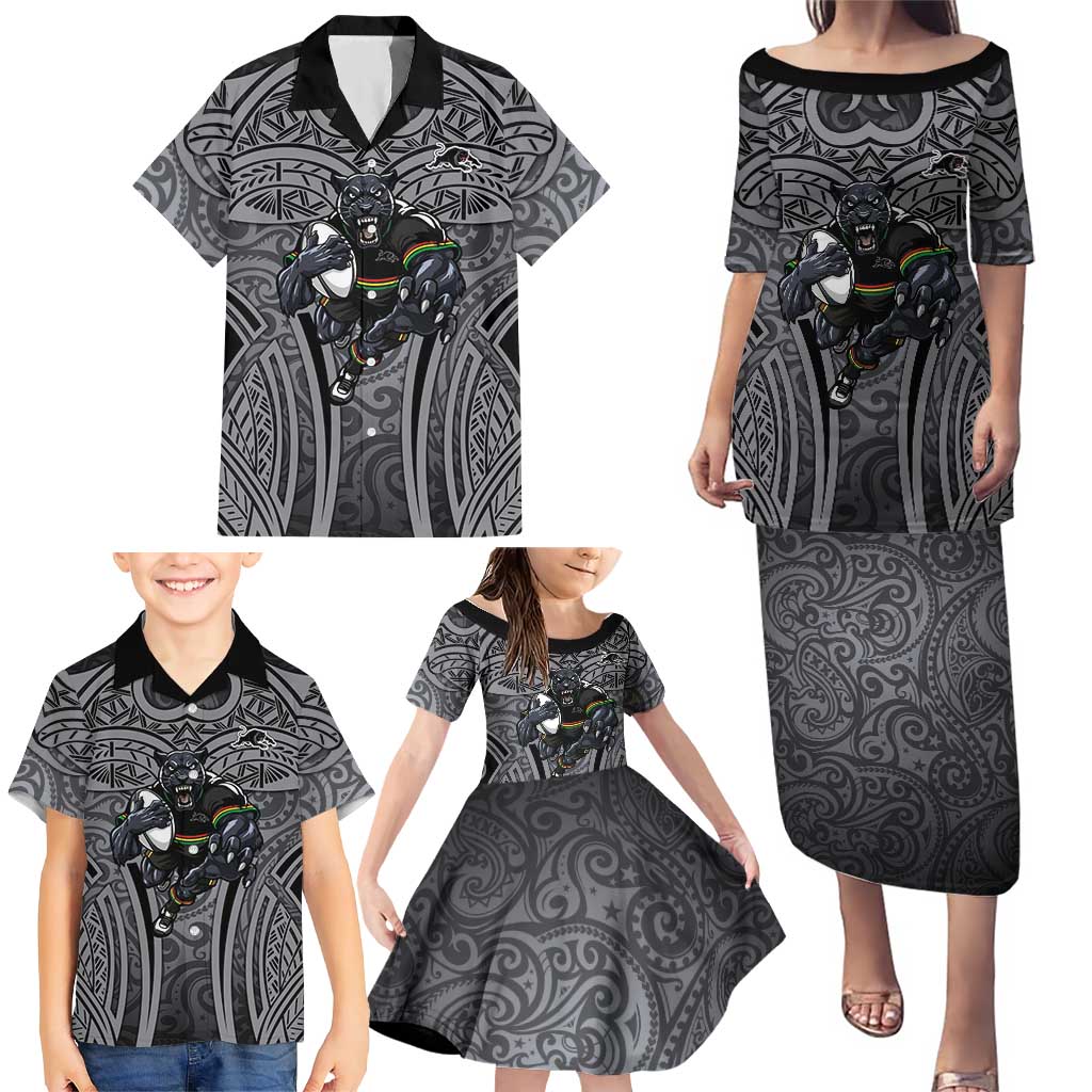 Penrith Panthers Rugby Family Matching Puletasi and Hawaiian Shirt Polynesian Tribal Panther Warrior Black Grey Pattern