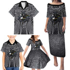 Penrith Panthers Rugby Family Matching Puletasi and Hawaiian Shirt Polynesian Tribal Panther Warrior Black Grey Pattern