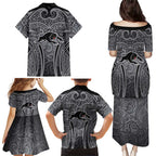 Penrith Panthers Rugby Family Matching Puletasi and Hawaiian Shirt Polynesian Tribal Panther Warrior Black Grey Pattern