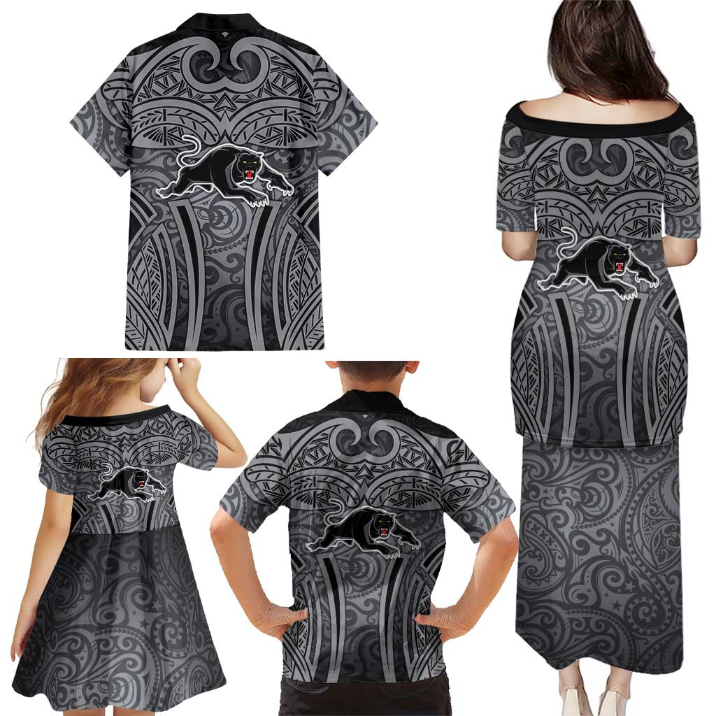 Penrith Panthers Rugby Family Matching Puletasi and Hawaiian Shirt Polynesian Tribal Panther Warrior Black Grey Pattern