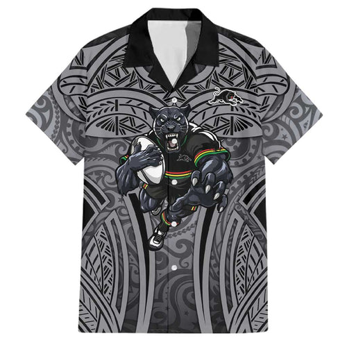 Penrith Panthers Rugby Family Matching Puletasi and Hawaiian Shirt Polynesian Tribal Panther Warrior Black Grey Pattern