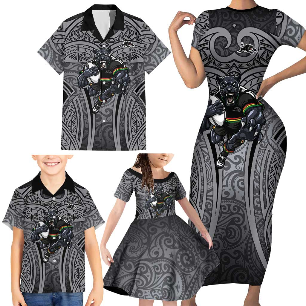 Penrith Panthers Rugby Family Matching Short Sleeve Bodycon Dress and Hawaiian Shirt Polynesian Tribal Panther Warrior Black Grey Pattern