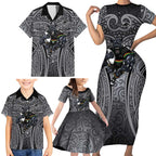 Penrith Panthers Rugby Family Matching Short Sleeve Bodycon Dress and Hawaiian Shirt Polynesian Tribal Panther Warrior Black Grey Pattern