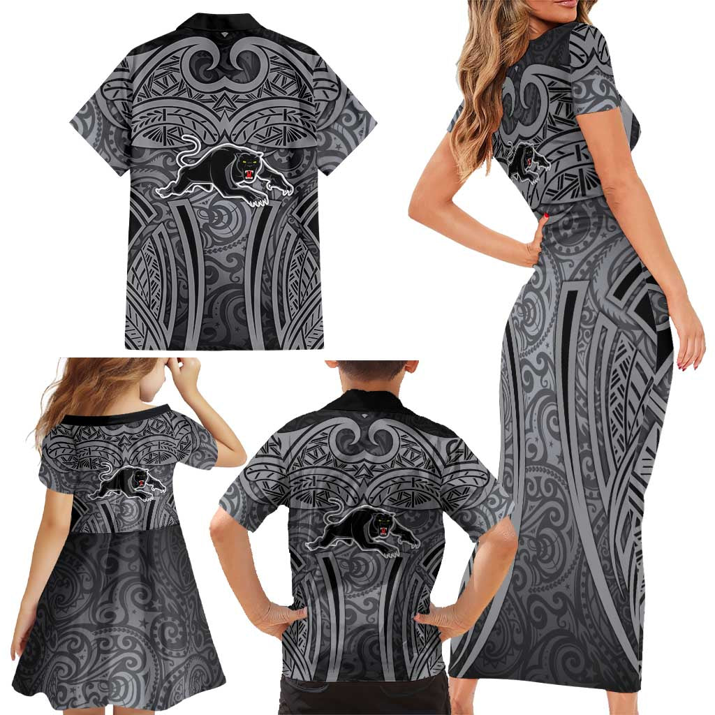 Penrith Panthers Rugby Family Matching Short Sleeve Bodycon Dress and Hawaiian Shirt Polynesian Tribal Panther Warrior Black Grey Pattern