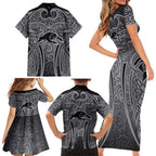 Penrith Panthers Rugby Family Matching Short Sleeve Bodycon Dress and Hawaiian Shirt Polynesian Tribal Panther Warrior Black Grey Pattern