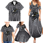 Penrith Panthers Rugby Family Matching Summer Maxi Dress and Hawaiian Shirt Polynesian Tribal Panther Warrior Black Grey Pattern