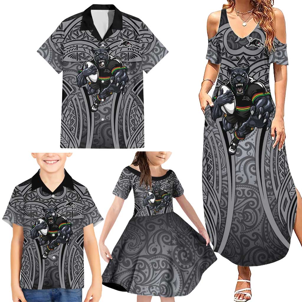 Penrith Panthers Rugby Family Matching Summer Maxi Dress and Hawaiian Shirt Polynesian Tribal Panther Warrior Black Grey Pattern