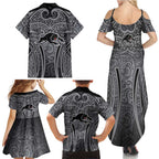 Penrith Panthers Rugby Family Matching Summer Maxi Dress and Hawaiian Shirt Polynesian Tribal Panther Warrior Black Grey Pattern