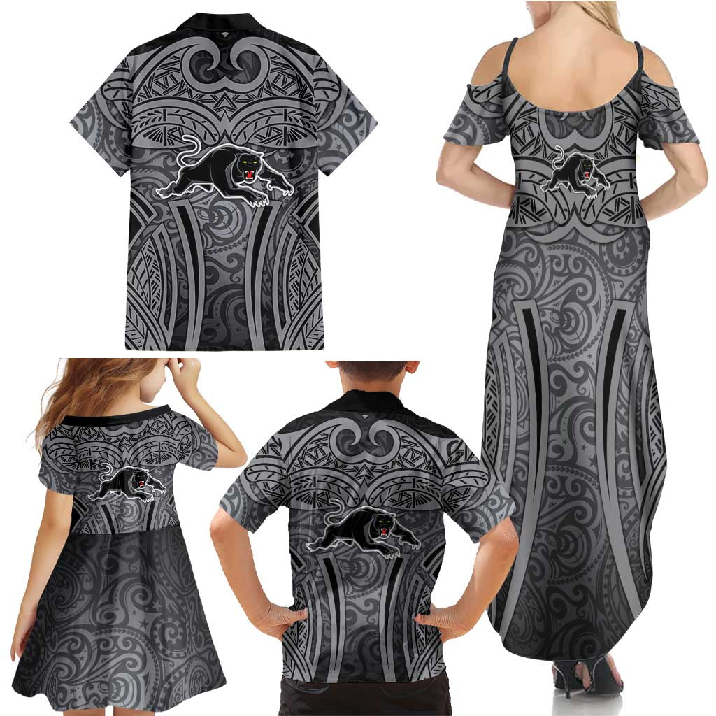 Penrith Panthers Rugby Family Matching Summer Maxi Dress and Hawaiian Shirt Polynesian Tribal Panther Warrior Black Grey Pattern