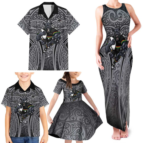 Penrith Panthers Rugby Family Matching Tank Maxi Dress and Hawaiian Shirt Polynesian Tribal Panther Warrior Black Grey Pattern