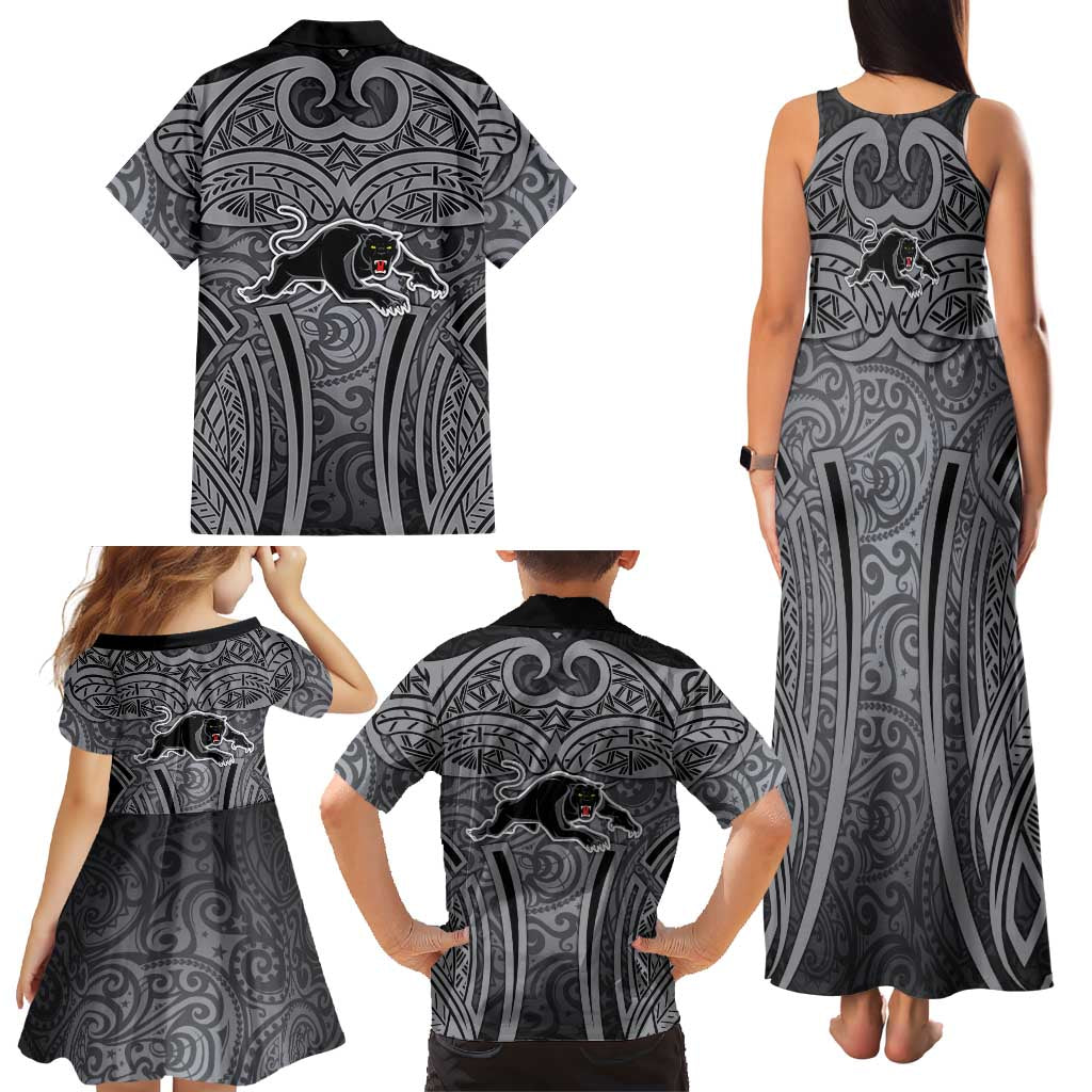 Penrith Panthers Rugby Family Matching Tank Maxi Dress and Hawaiian Shirt Polynesian Tribal Panther Warrior Black Grey Pattern