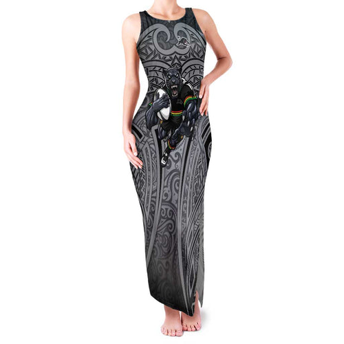Penrith Panthers Rugby Family Matching Tank Maxi Dress and Hawaiian Shirt Polynesian Tribal Panther Warrior Black Grey Pattern