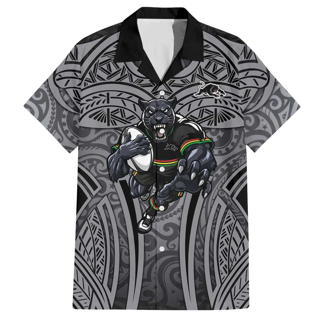 Penrith Panthers Rugby Hawaiian Shirt Polynesian Tribal Panther Warrior Black Grey Pattern