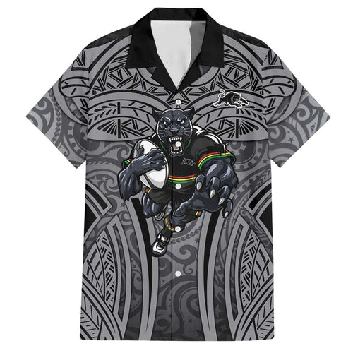 Penrith Panthers Rugby Hawaiian Shirt Polynesian Tribal Panther Warrior Black Grey Pattern