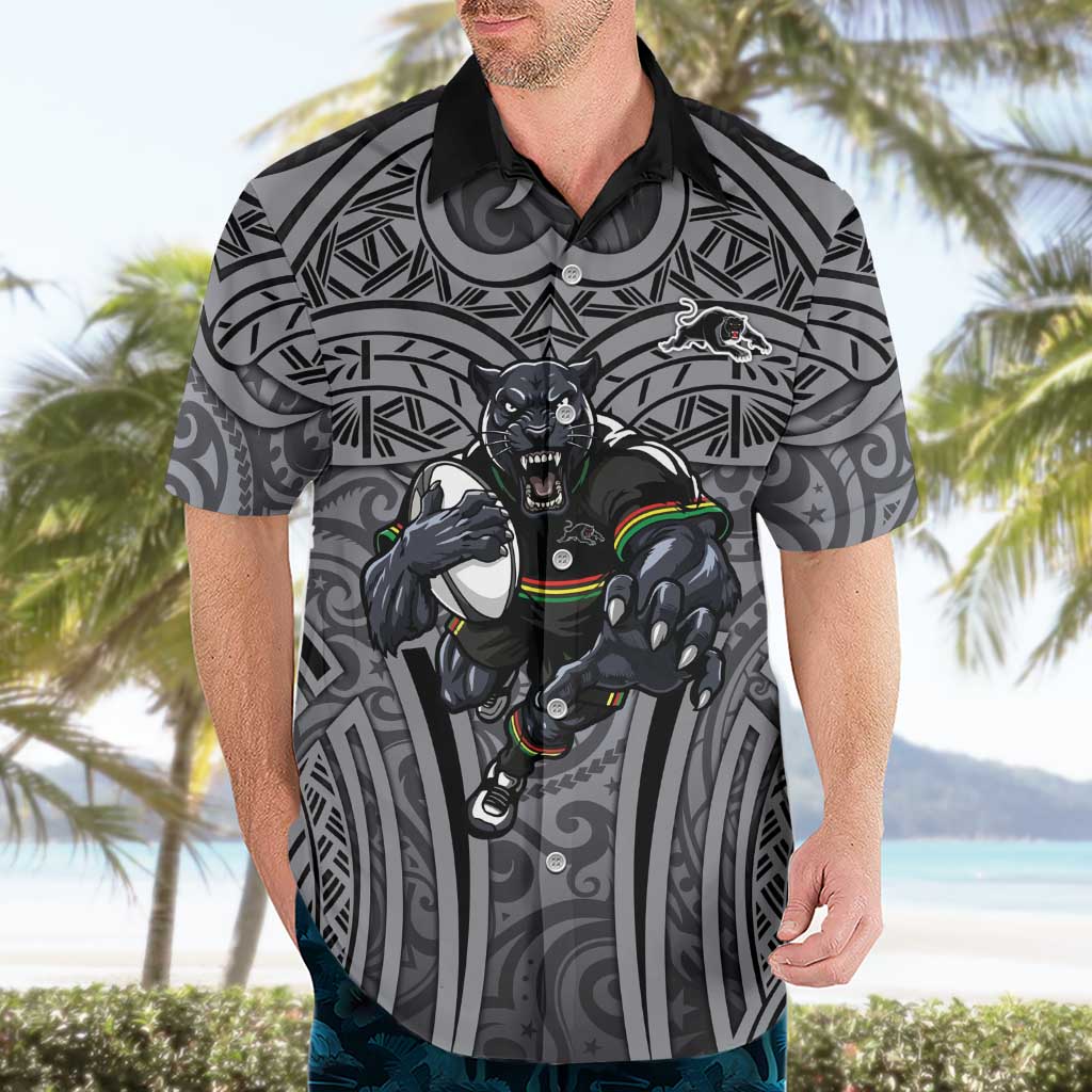 Penrith Panthers Rugby Hawaiian Shirt Polynesian Tribal Panther Warrior Black Grey Pattern