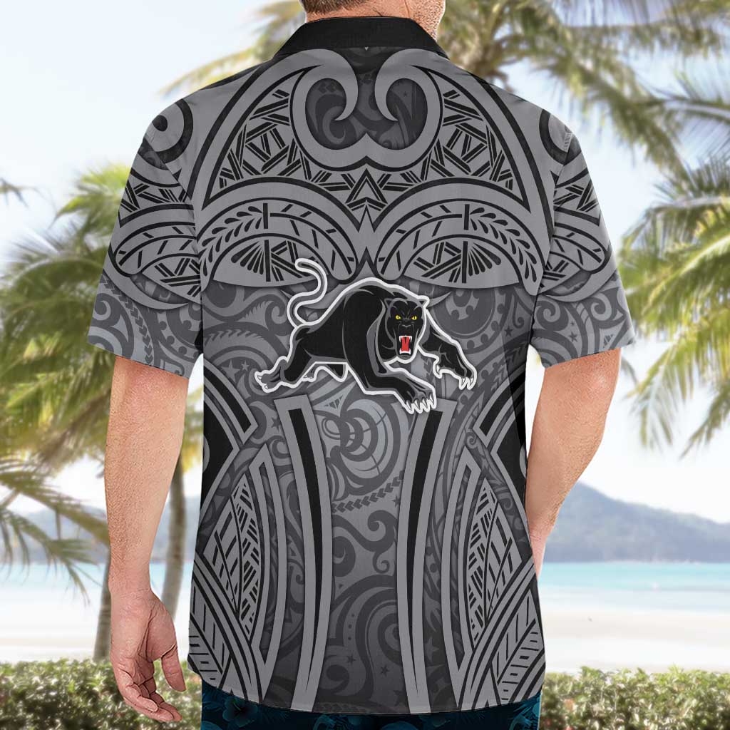 Penrith Panthers Rugby Hawaiian Shirt Polynesian Tribal Panther Warrior Black Grey Pattern