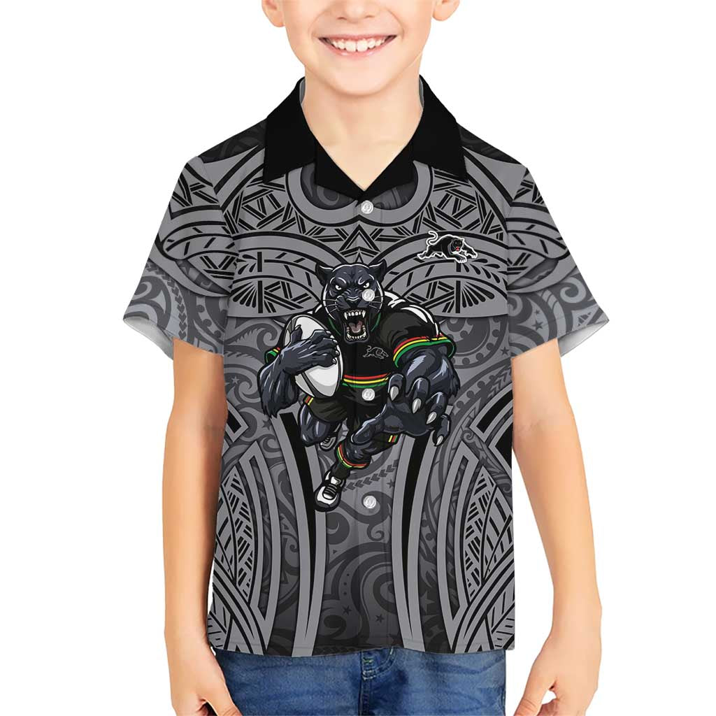 Penrith Panthers Rugby Hawaiian Shirt Polynesian Tribal Panther Warrior Black Grey Pattern