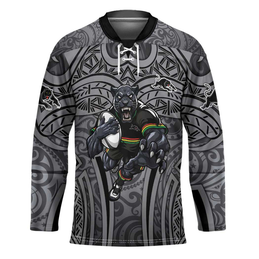 Penrith Panthers Rugby Hockey Jersey Polynesian Tribal Panther Warrior Black Grey Pattern