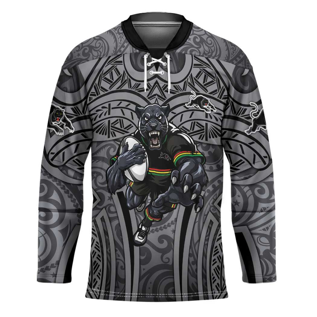 Penrith Panthers Rugby Hockey Jersey Polynesian Tribal Panther Warrior Black Grey Pattern
