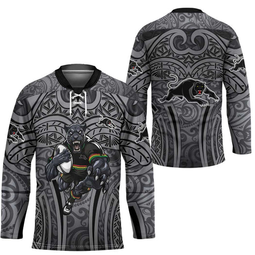 Penrith Panthers Rugby Hockey Jersey Polynesian Tribal Panther Warrior Black Grey Pattern